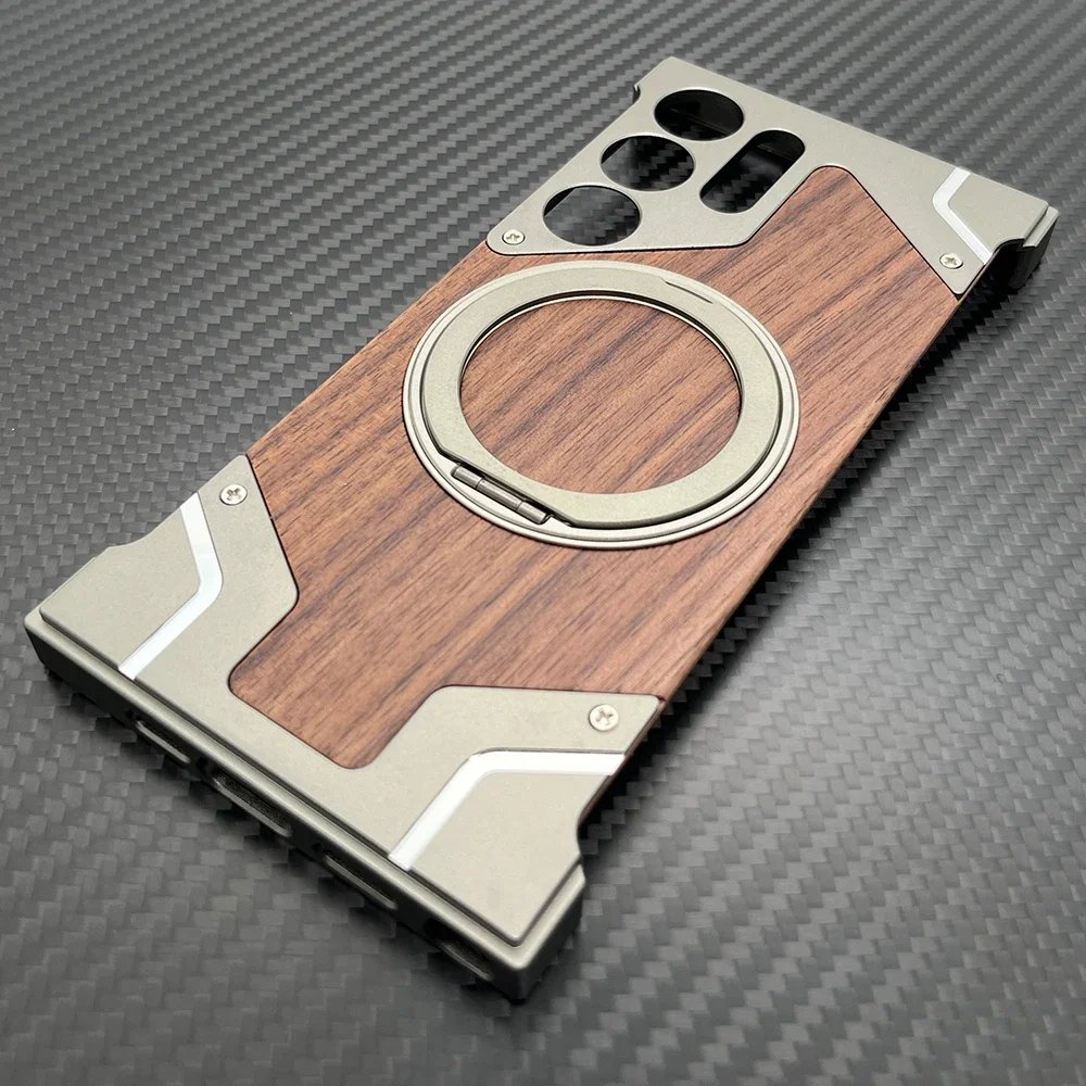 Galaxy S24 Ultra - Coque Magnétique dos en Aluminium et effet Bois Avec Support Rotatif