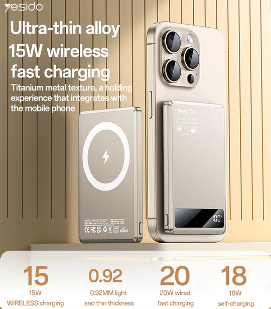 PowerBank Ultra Slim Magnétique Original YESIDO 5000 mAh avec Recharge Rapide