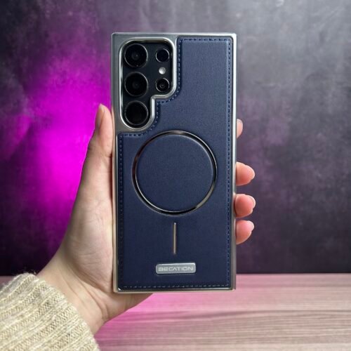 Galaxy S23 Ultra- Coque Magnétique Originale Becation avec Bords Chromés et dos en Cuir PU