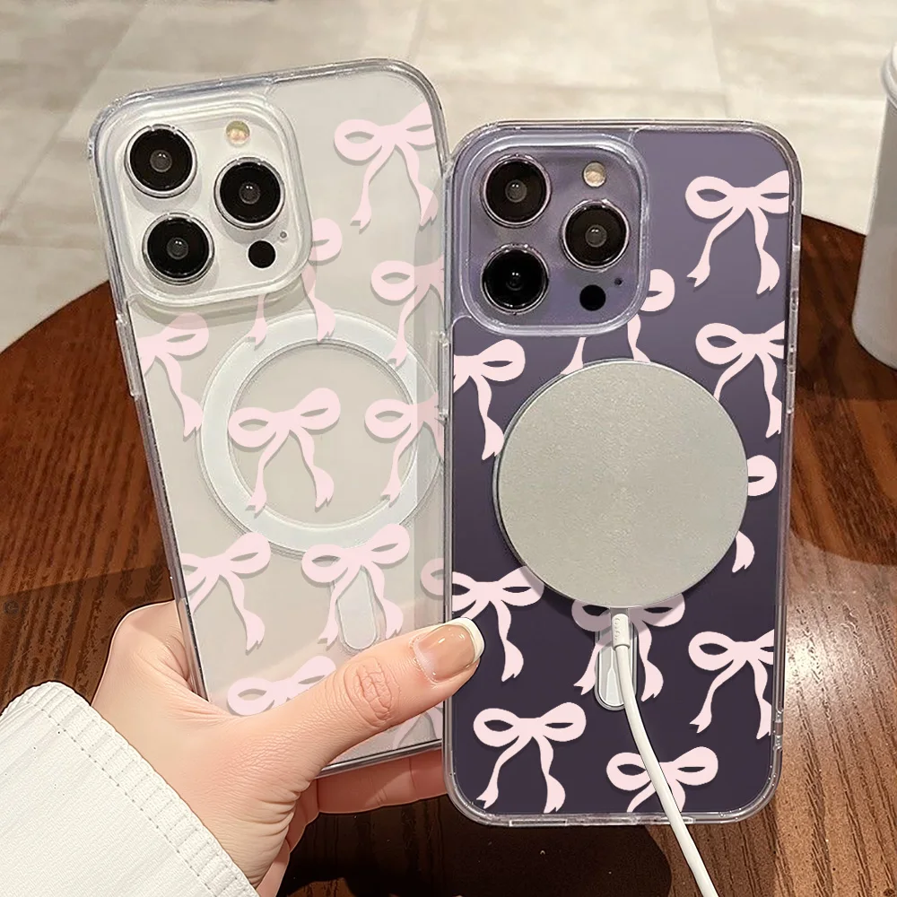 Coque Transparente Magsafe avec Motifs Noeuds à Ruban Rose
