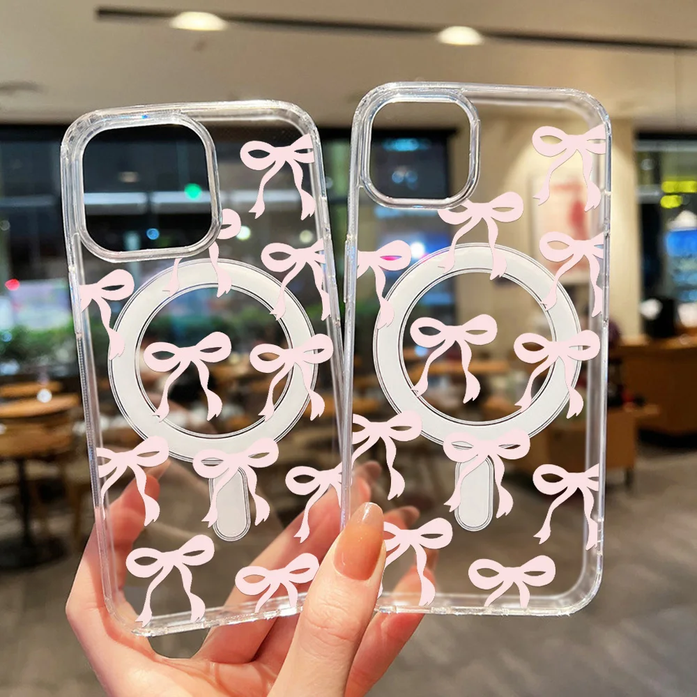 Coque Transparente Magsafe avec Motifs Noeuds à Ruban Rose