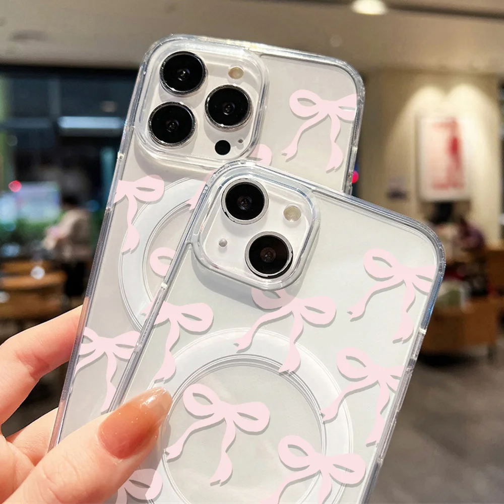 Coque Transparente Magsafe avec Motifs Noeuds à Ruban Rose