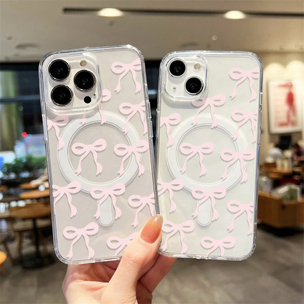 Coque Transparente Magsafe avec Motifs Noeuds à Ruban Rose