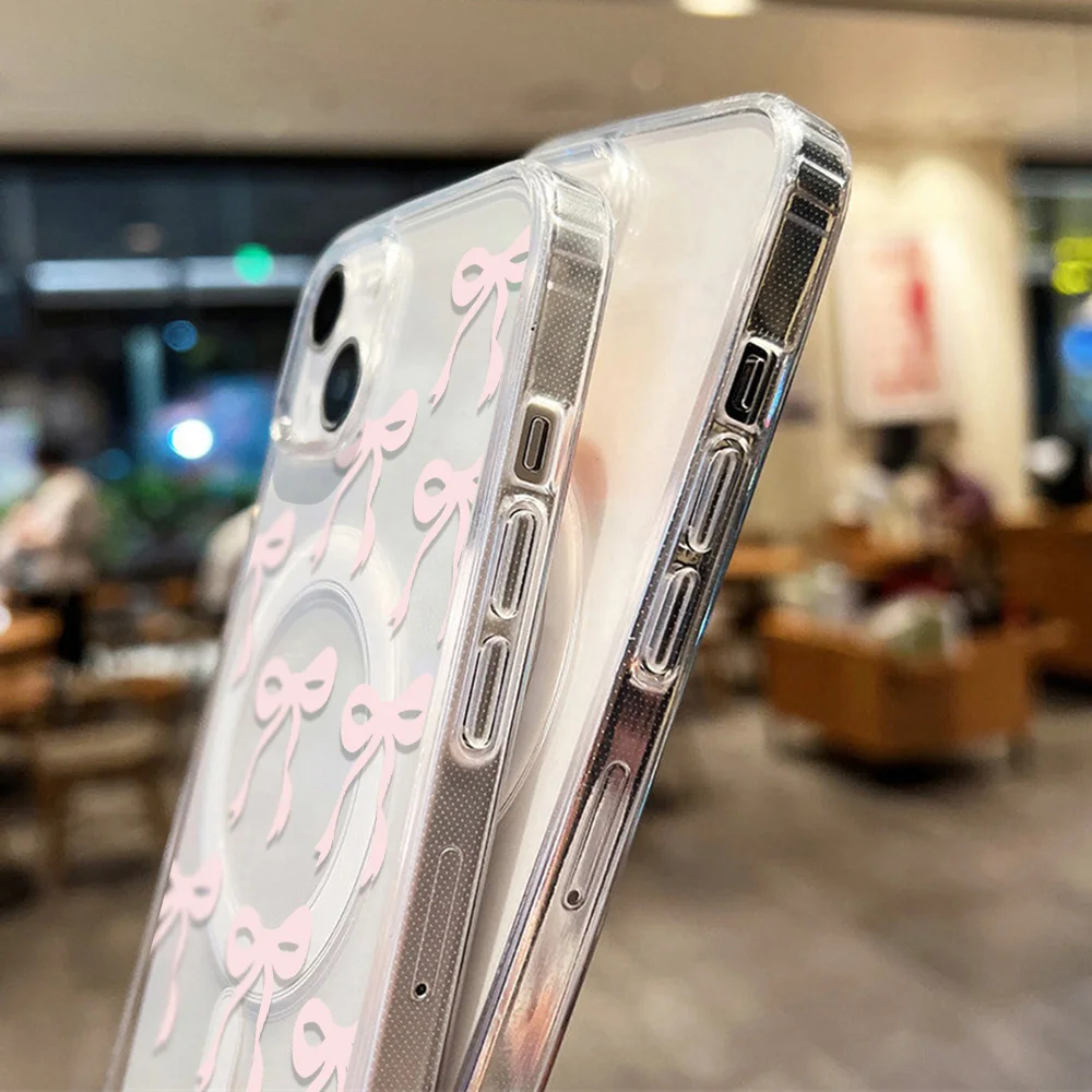 Coque Transparente Magsafe avec Motifs Noeuds à Ruban Rose